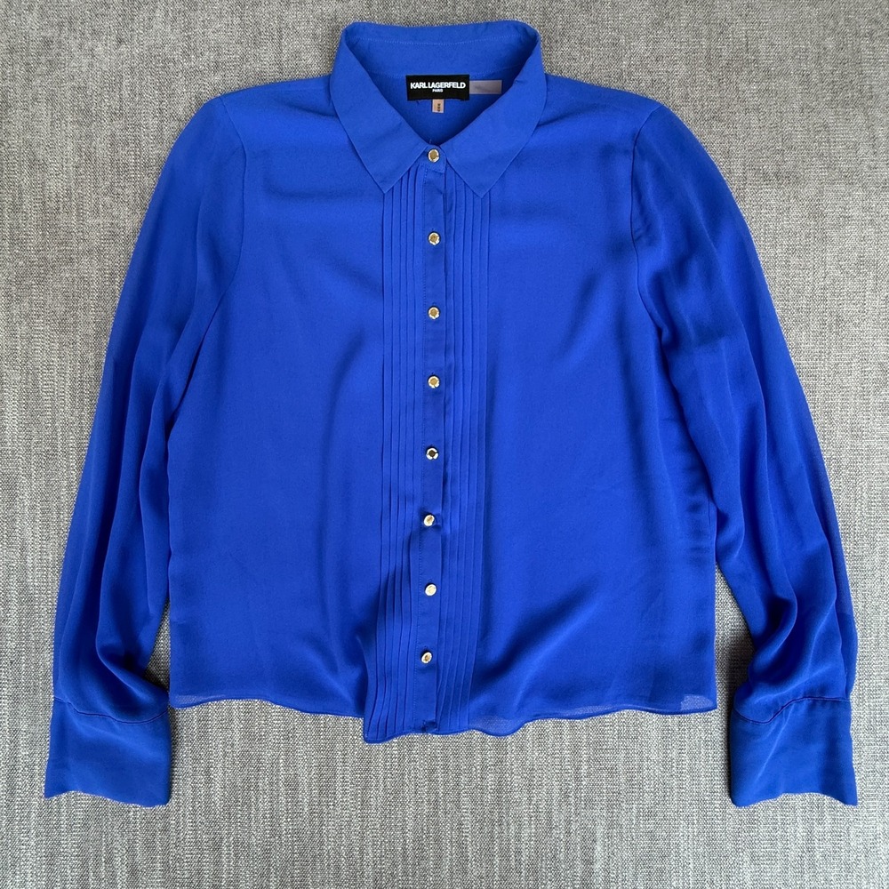 Karl Lagerfeld Shirt Top Womens M Blue Chiffon Pleated Front Boho Chic Button Up